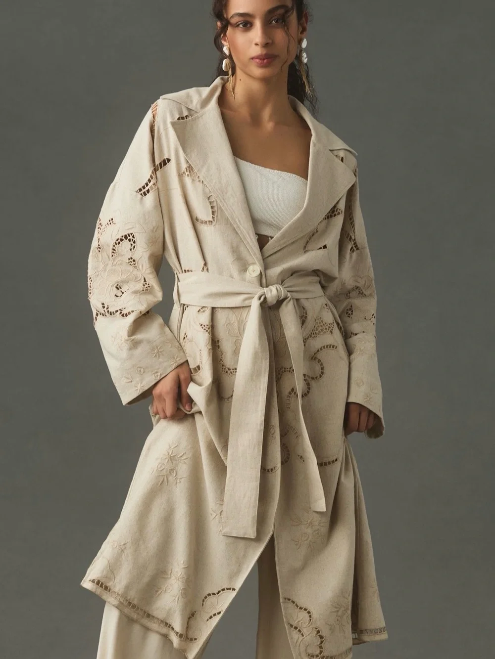 Anthropologie Avec Les Filles Cutwork Linen  Trench Coat/Duster Size Large NWT - Picture 2 of 12
